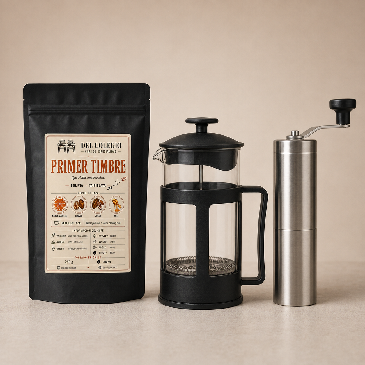 Pack Inicio Café de Especialidad Primer Timbre + Molinillo + prensa francesa 350 ml