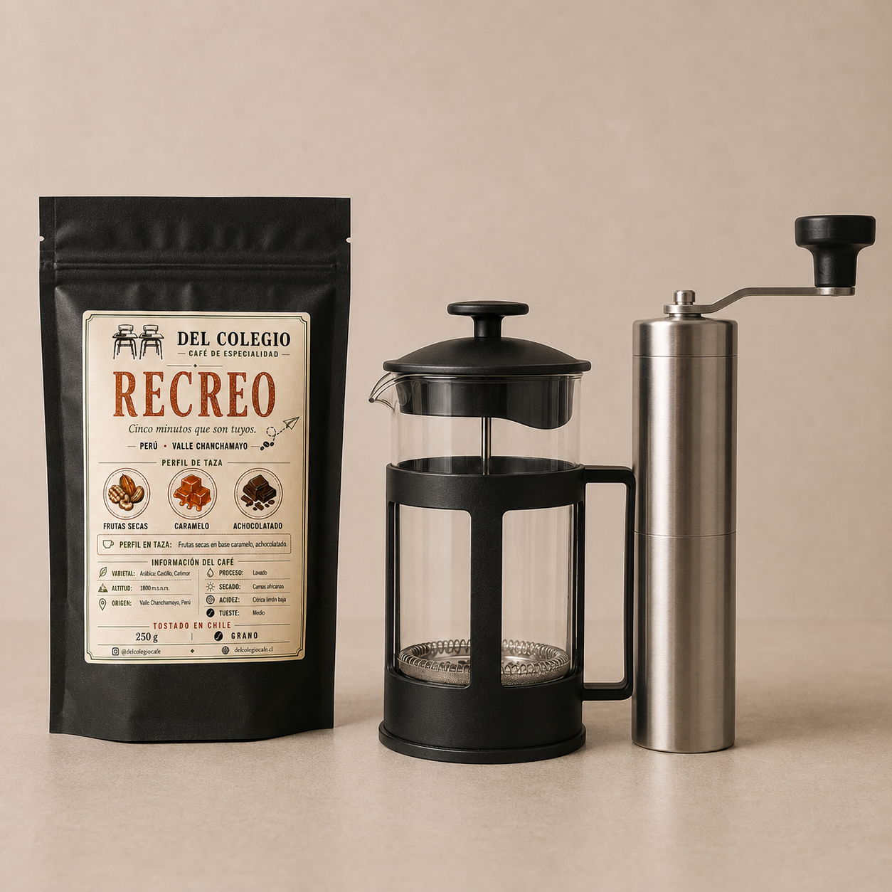 pack inicial Cafe de especialidad Recreo + Molinillo + prensa francesa 350 ml