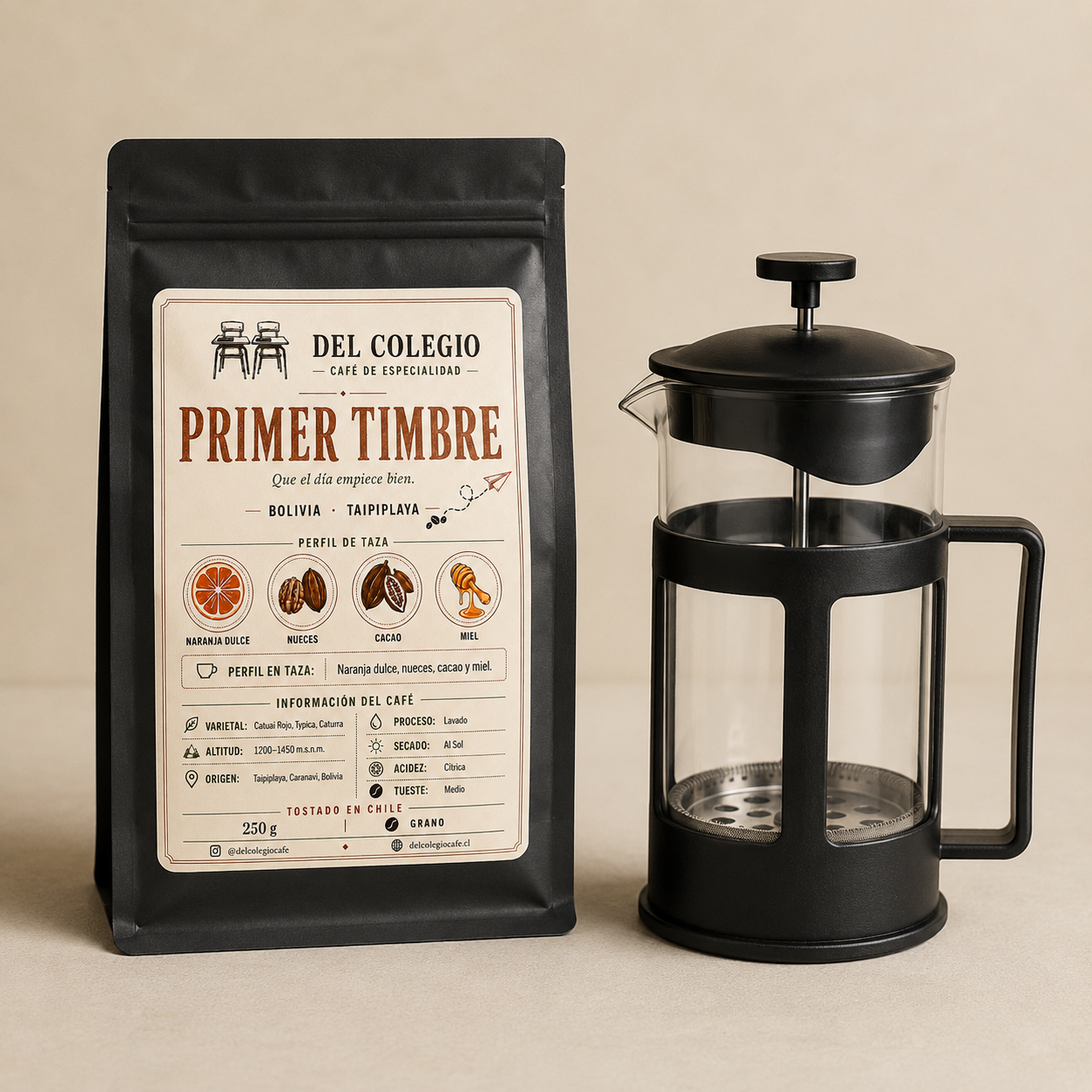 Primer Timbre — Café de especialidad 250 g + Prensa Francesa 600 ml